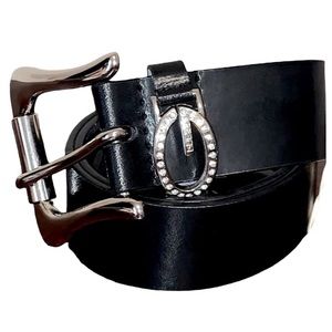 Y2K GUESS Sparkly Rhinestone Letter G Silver Buckle Black Leather Belt Small